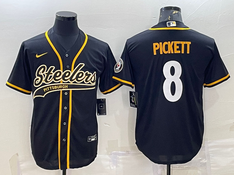 Men's Pittsburgh Steelers #8 Kenny Pickett Black With Patch Cool Base Stitched Baseball Jersey